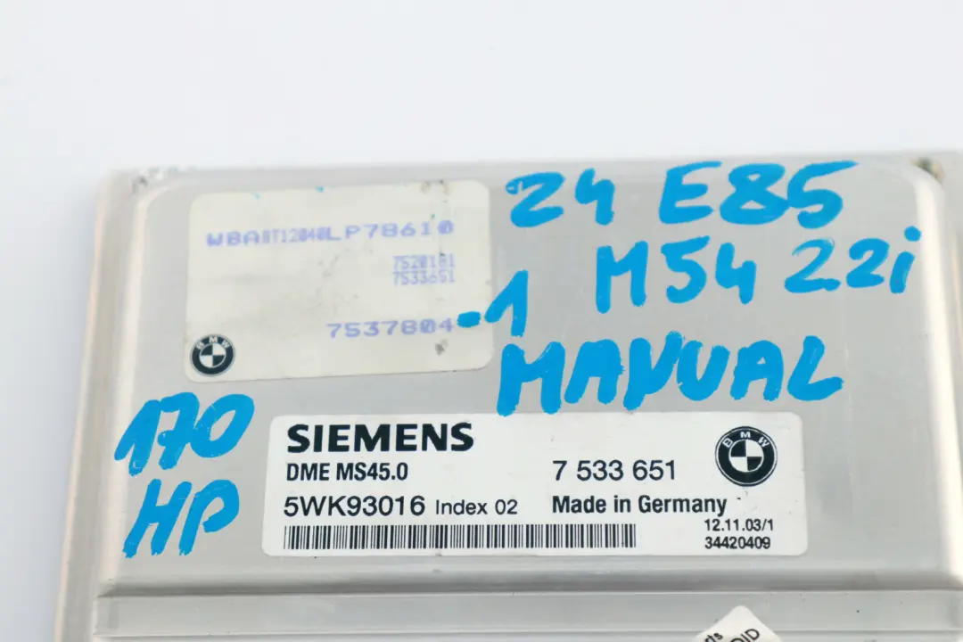BMW Z4 Series E85 Roadster 2.2i M54 170HP ECU Kit DME + EWS3 + 2 Keys Manual - SKU 7537804-1 - Part number 7537804