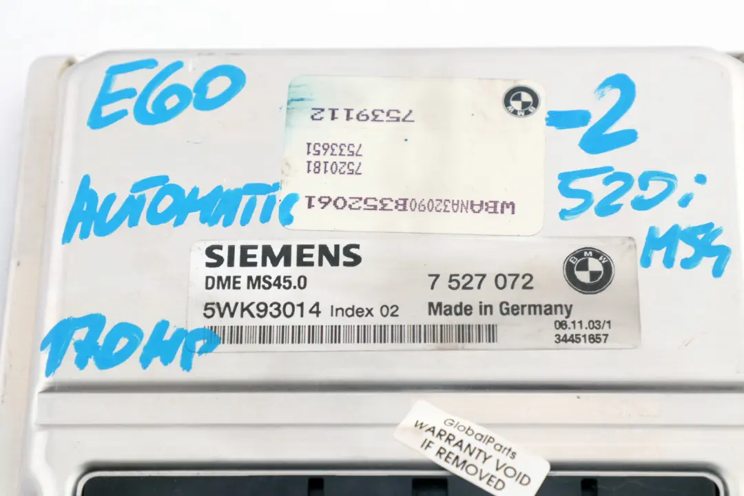 BMW 5 Series E60 520i M54 170HP ECU Kit DME CAS2 + Key + Steering Column - SKU 7539112-2 - Part number 7539112