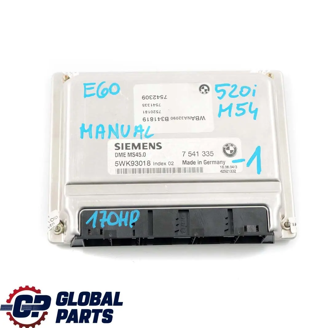 BMW E60 520i M54 170HP Engine Control Unit ECU Kit DME CAS2 Key Manual - SKU 7541335-1 - Part number 7541335