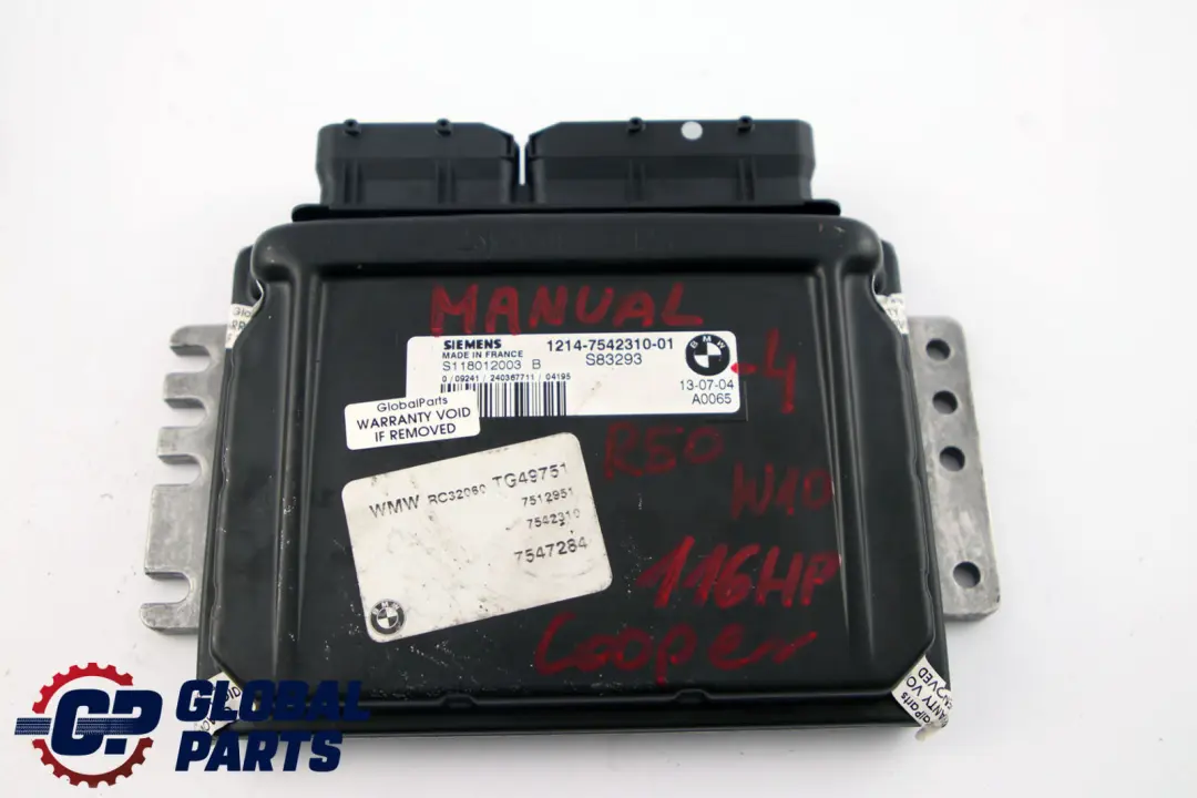 Mini Cooper R50 W10 116HP Engine ECU Kit DME + EWS + 2 Keys Manual - SKU 7542310-4 - Part number 7542310