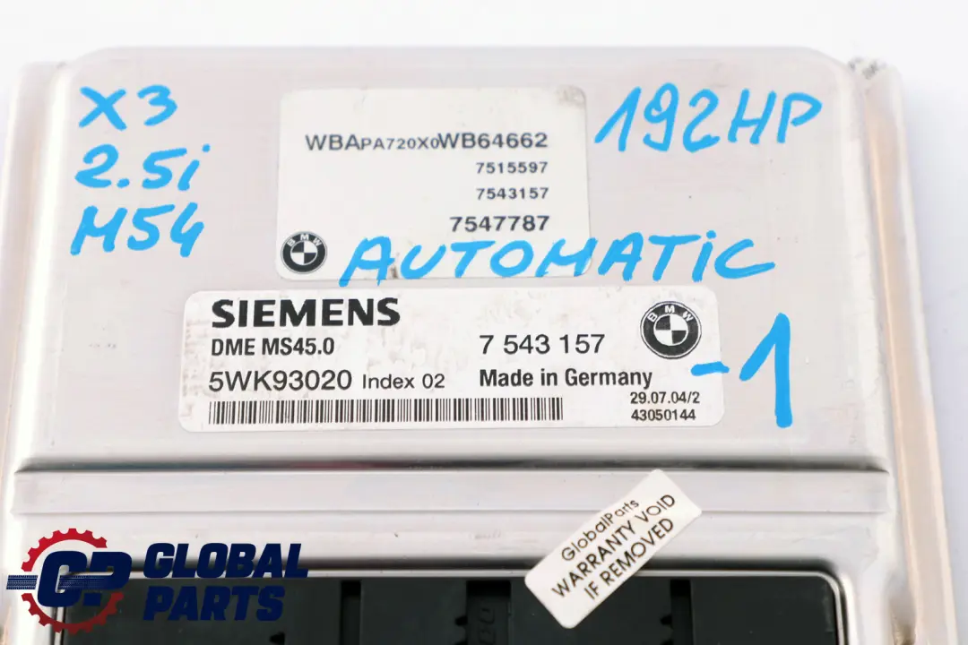 M54 192HP ECU Kit DME EWS3 Key Automatic to BMW X3 Series E83 2.5i with Part number 7543157 BMW X3 Series E83 2.5i M54 192HP ECU Kit DME EWS3 Key Automatic - SKU 7543157-1 - Part number 7543157