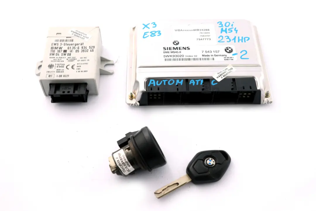 M54 231HP ECU Kit DME + EWS3 + Key Automatic to BMW X3 Series E83 3.0i with Part number 7543157 BMW X3 Series E83 3.0i M54 231HP ECU Kit DME + EWS3 + Key Automatic - SKU 7543157-2 - Part number 7543157