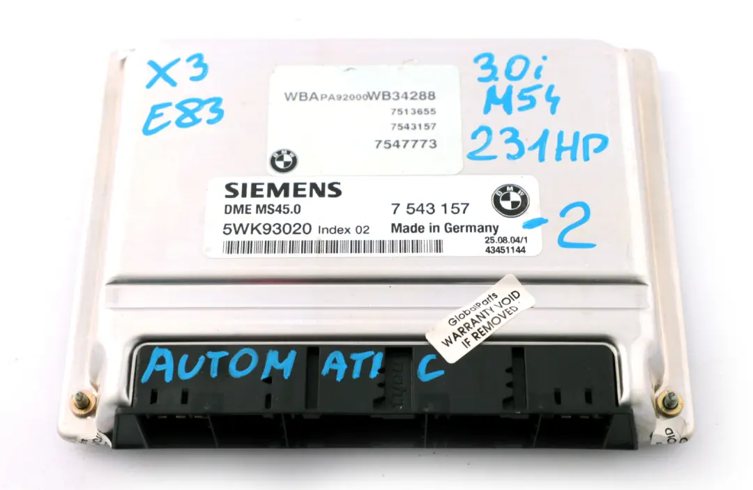 M54 231HP ECU Kit DME + EWS3 + Key Automatic to BMW X3 Series E83 3.0i with Part number 7543157 BMW X3 Series E83 3.0i M54 231HP ECU Kit DME + EWS3 + Key Automatic - SKU 7543157-2 - Part number 7543157