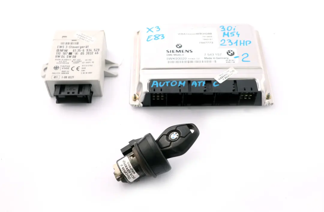 M54 231HP ECU Kit DME + EWS3 + Key Automatic to BMW X3 Series E83 3.0i with Part number 7543157 BMW X3 Series E83 3.0i M54 231HP ECU Kit DME + EWS3 + Key Automatic - SKU 7543157-2 - Part number 7543157