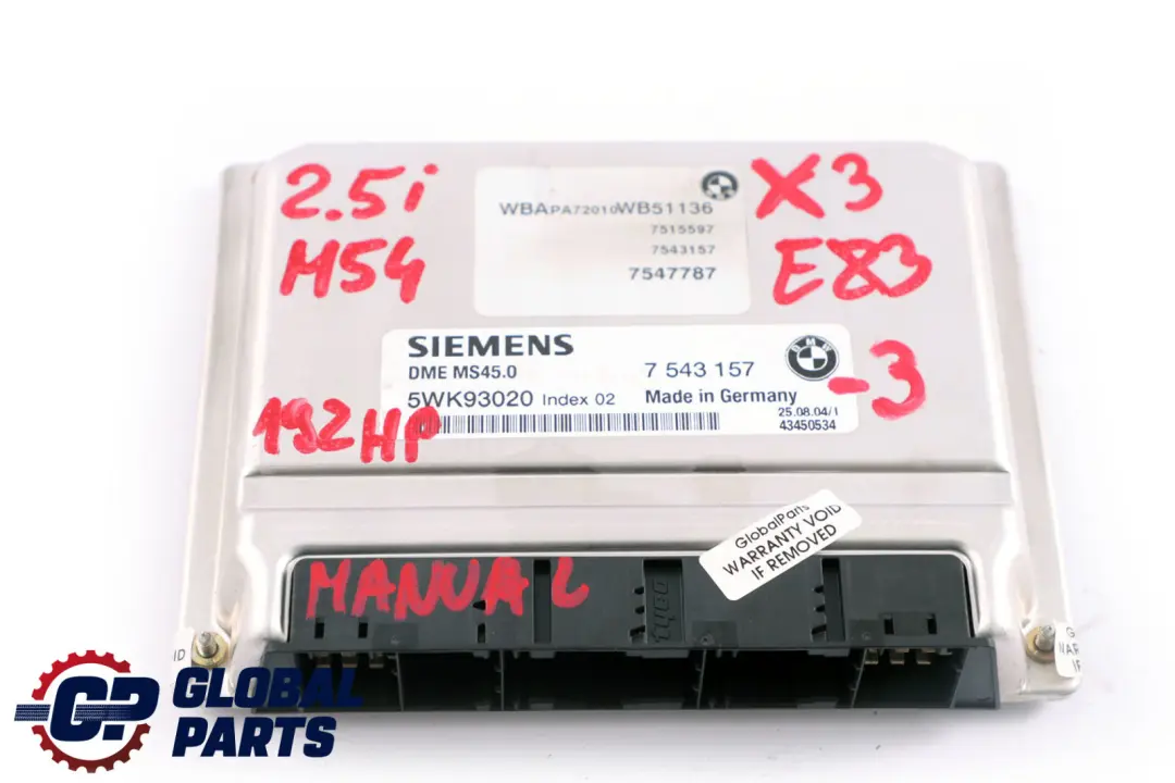 M54 192PS ECU Steuergerät DME EWS3 + Schlüssel für BMW X3 er E83 2.5i mit Teilenummer 7543157 BMW X3 er E83 2.5i M54 192PS ECU Steuergerät DME EWS3 + Schlüssel - SKU 7543157-3 - Teilenummer 7543157