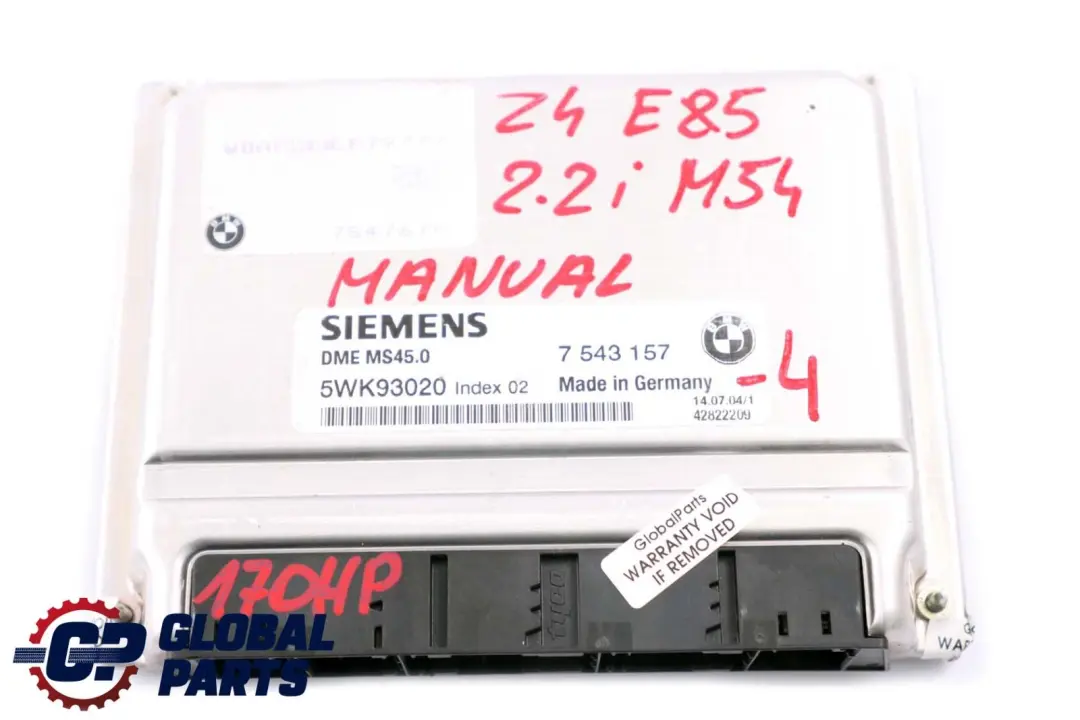 BMW Z4 E85 2.2i Engine M54 170HP ECU Kit DME + EWS3 + 2 Keys Manual - SKU 7543157-4 - Part number 7543157