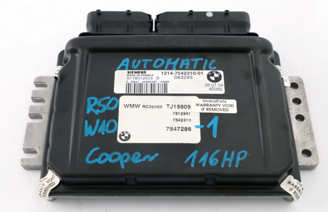 BMW MINI Cooper R50 W10 116HP Petrol Engine ECU Kit EWS3 Key Automatic - SKU 7547286-1 - Part number 7547286