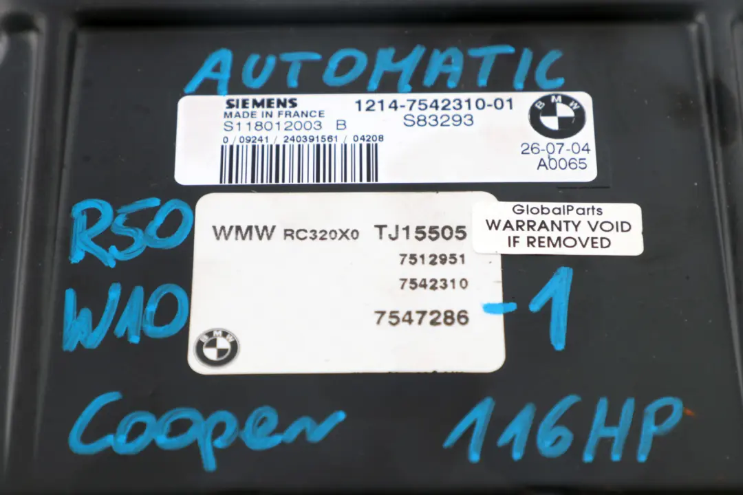 BMW MINI Cooper R50 W10 116HP Petrol Engine ECU Kit EWS3 Key Automatic - SKU 7547286-1 - Part number 7547286