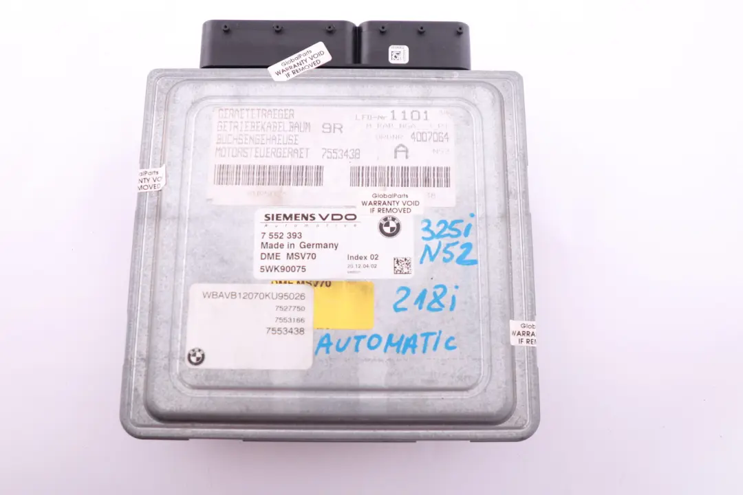 BMW 3 5 Series E60 E90 E91 N52 325i 525i ECU Kit DME CAS2 Key Automatic - SKU 7552393 - Part number 7552393