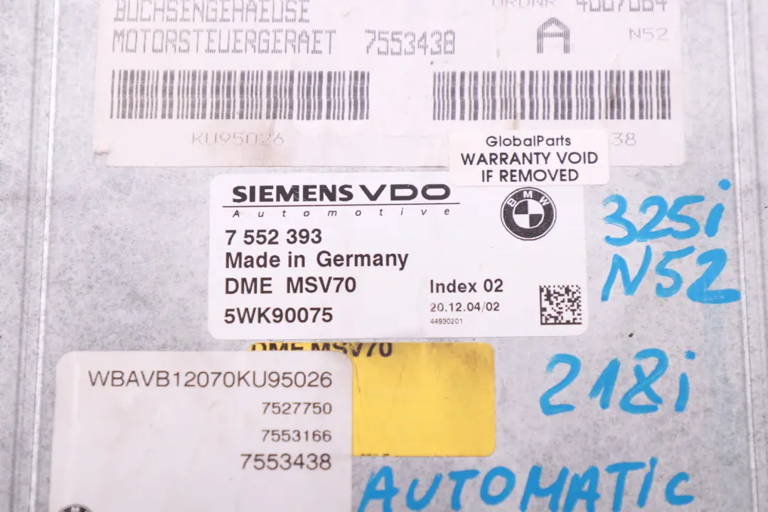 BMW 3 5 Series E60 E90 E91 N52 325i 525i ECU Kit DME CAS2 Key Automatic - SKU 7552393 - Part number 7552393