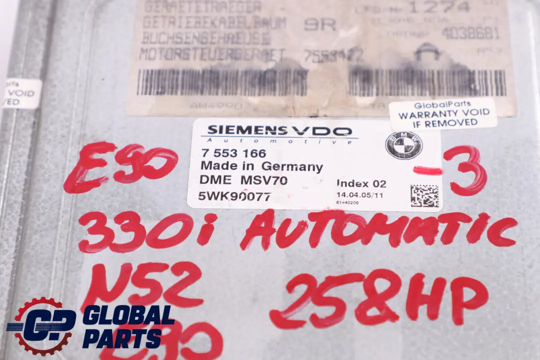 BMW E60 E90 E91 N52 330i 530i ECU Kit DME CAS2 Key Automatic - SKU 7553166-3 - Part number 7553166