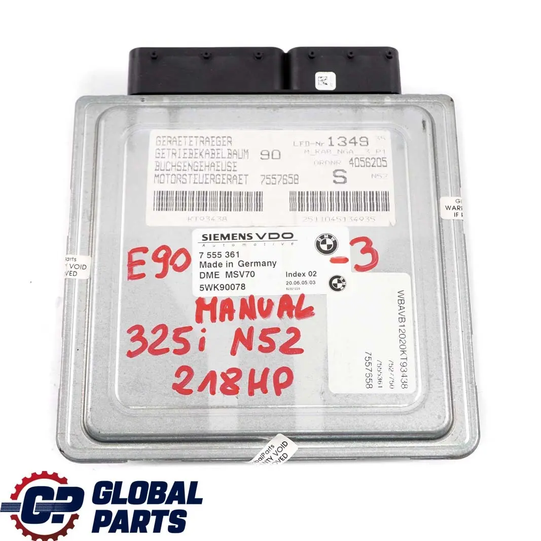 BMW E60 E61 E90 E91 325i 525i Gasolina N52 ECU Kit DME CAS2 Clave Manual - SKU 7555361-3 - Número de pieza 7555361