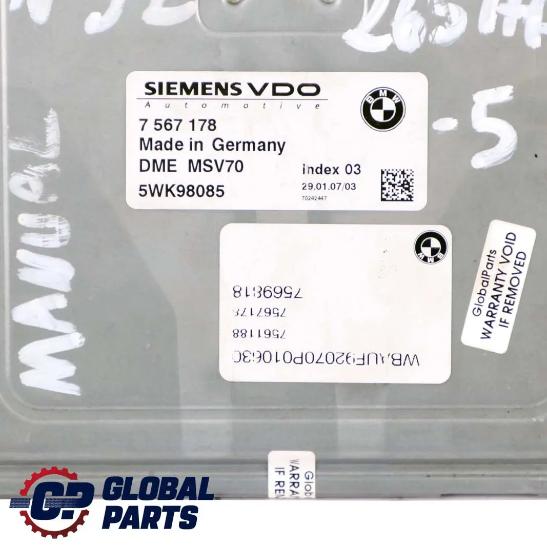 BMW E87 130i N52 265HP Engine ECU Kit DME + CAS3 + 2 Keys Manual - SKU 7567178-5 - Part number 7567178