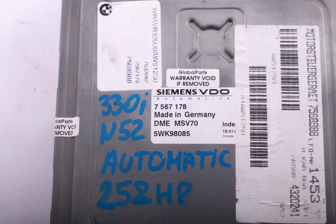 N52 ECU Kit DME CAS3 Key Automatic to BMW 3 5 Series E87 E60 E90 330i 530i with Part number 7567178 BMW 3 5 Series E87 E60 E90 330i 530i N52 ECU Kit DME CAS3 Key Automatic - SKU 7567178 - Part number 7567178