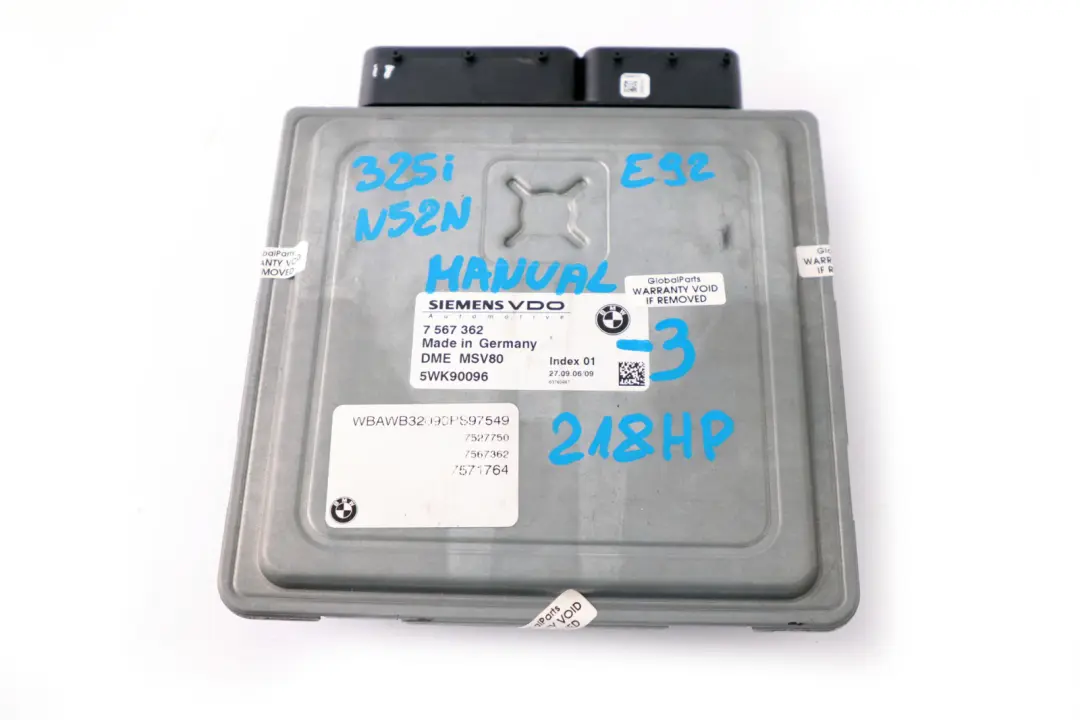 BMW 3 Series E92 N52N 325i 218HP ECU Kit DME CAS3 + Key Manual - SKU 7567362-3 - Part number 7567362