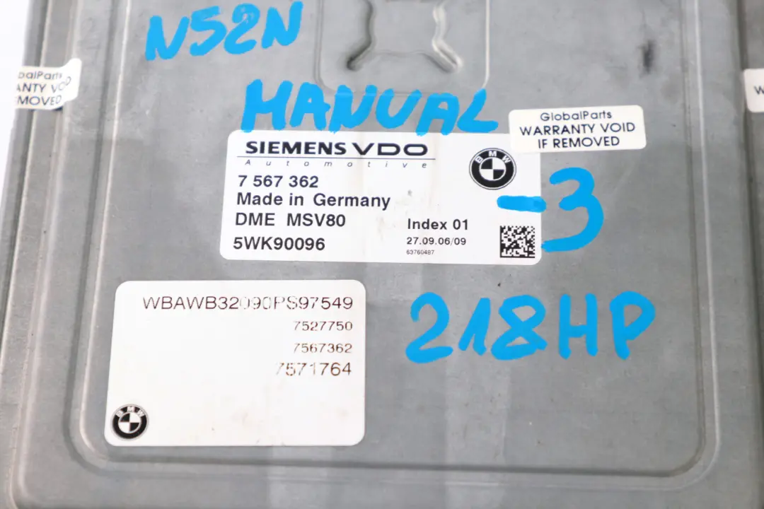 BMW E92 N52N 325i 218HP ECU Kit DME CAS3 + Clave Manual - SKU 7567362-3 - Número de pieza 7567362