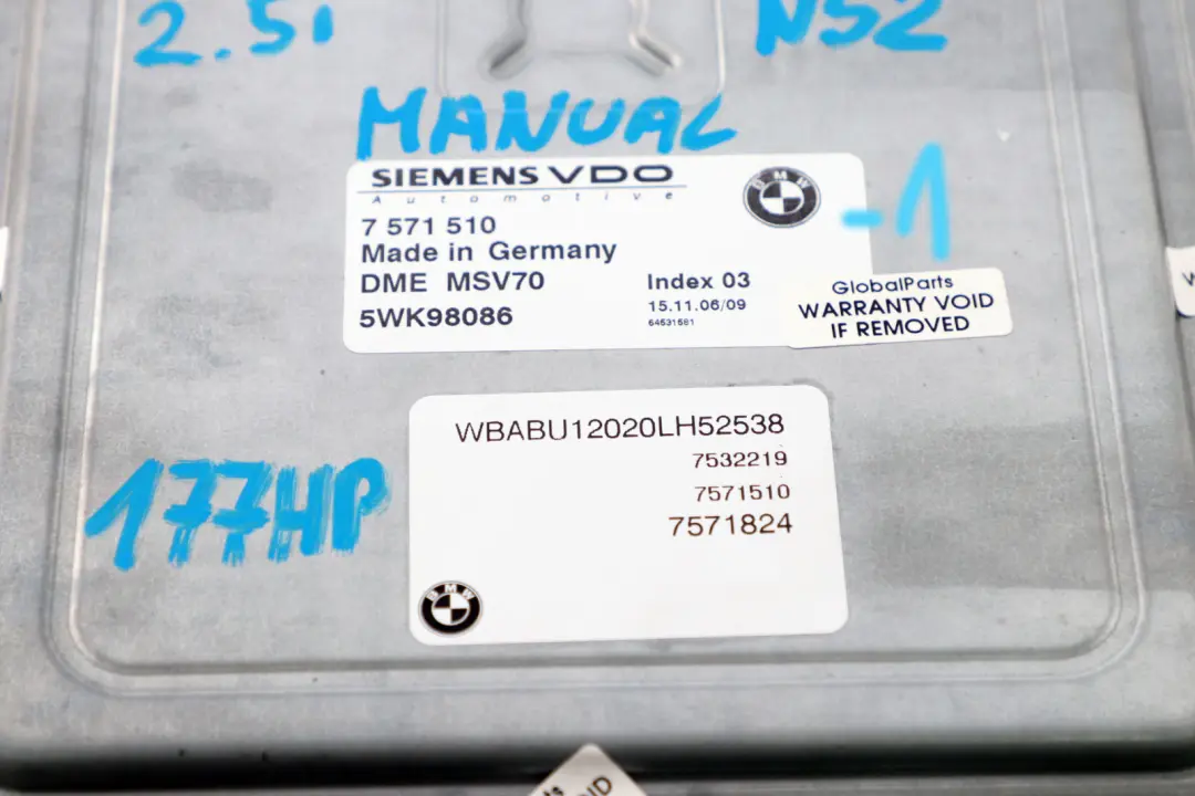 BMW Z4 Serie E85 Roadster 2.5i N52 177HP ECU Kit DME EWS + Llave Manual - SKU 7571510-1 - Número de pieza 7571510