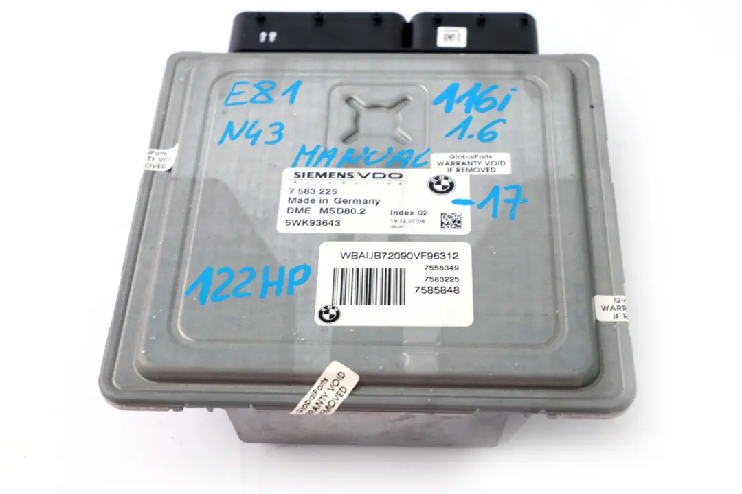 N43 116i 1.6 DME Grundsteuergerät CAS3 Schlüssel 75832 für BMW 1 3 er E81 E87 LCI mit Teilenummer 7583225 BMW 1 3 er E81 E87 LCI N43 116i 1.6 DME Grundsteuergerät CAS3 Schlüssel 75832 - SKU 7583225-17 - Teilenummer 7583225