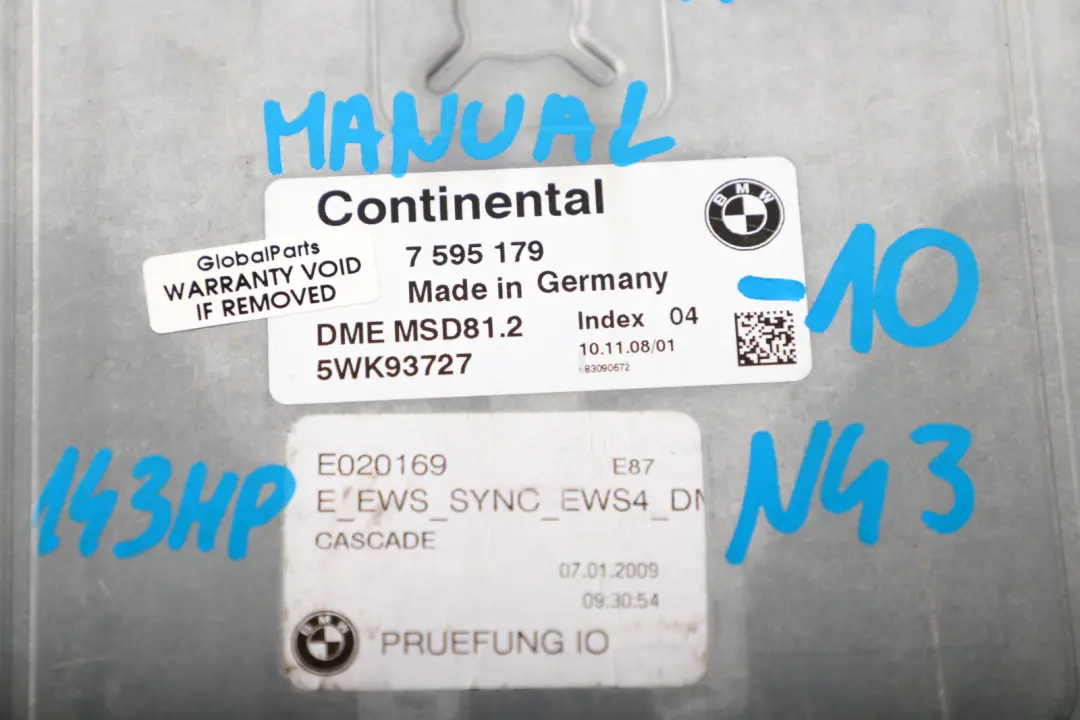 N43 118i 318i Petrol ECU Kit DME CAS3 + Keys to BMW 1 3 Series E87 LCI E90 with Part number 7595179 BMW 1 3 Series E87 LCI E90 N43 118i 318i Petrol ECU Kit DME CAS3 + Keys - SKU 7595179-10 - Part number 7595179