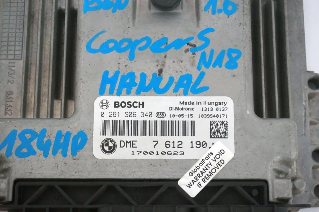 Control Unit ECU DME Manual to BMW Mini Cooper S R56 LCI N18 1.6 Engine with Part number 7612190 BMW Mini Cooper S R56 LCI N18 1.6 Engine Control Unit ECU DME Manual - SKU 7612190 - Part number 7612190