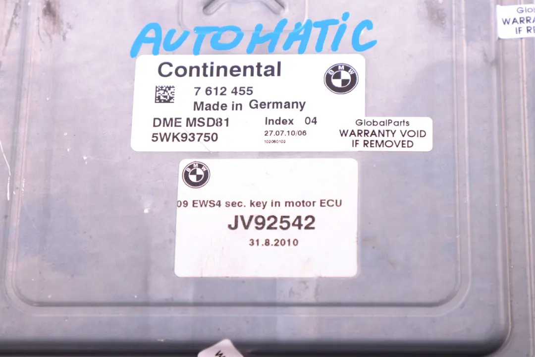 DME Petrol N53 Engine Control Unit ECU Automatic to BMW 3 5 Series E60 E90 with Part number 7612455 BMW 3 5 Series E60 E90 DME Petrol N53 Engine Control Unit ECU Automatic - SKU 7612455 - Part number 7612455