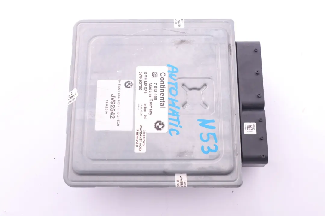 DME Petrol N53 Engine Control Unit ECU Automatic to BMW 3 5 Series E60 E90 with Part number 7612455 BMW 3 5 Series E60 E90 DME Petrol N53 Engine Control Unit ECU Automatic - SKU 7612455 - Part number 7612455