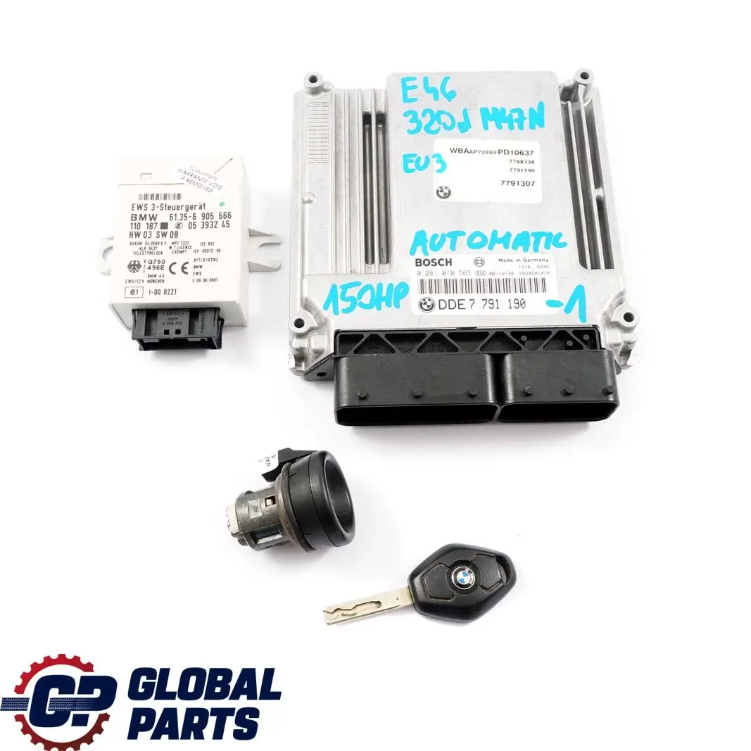 BMW E46 320d Diesel Engine M47N 150HP ECU Kit DDE EWS3 + Key Automatic - SKU 7791190-1 - Part number 7791190