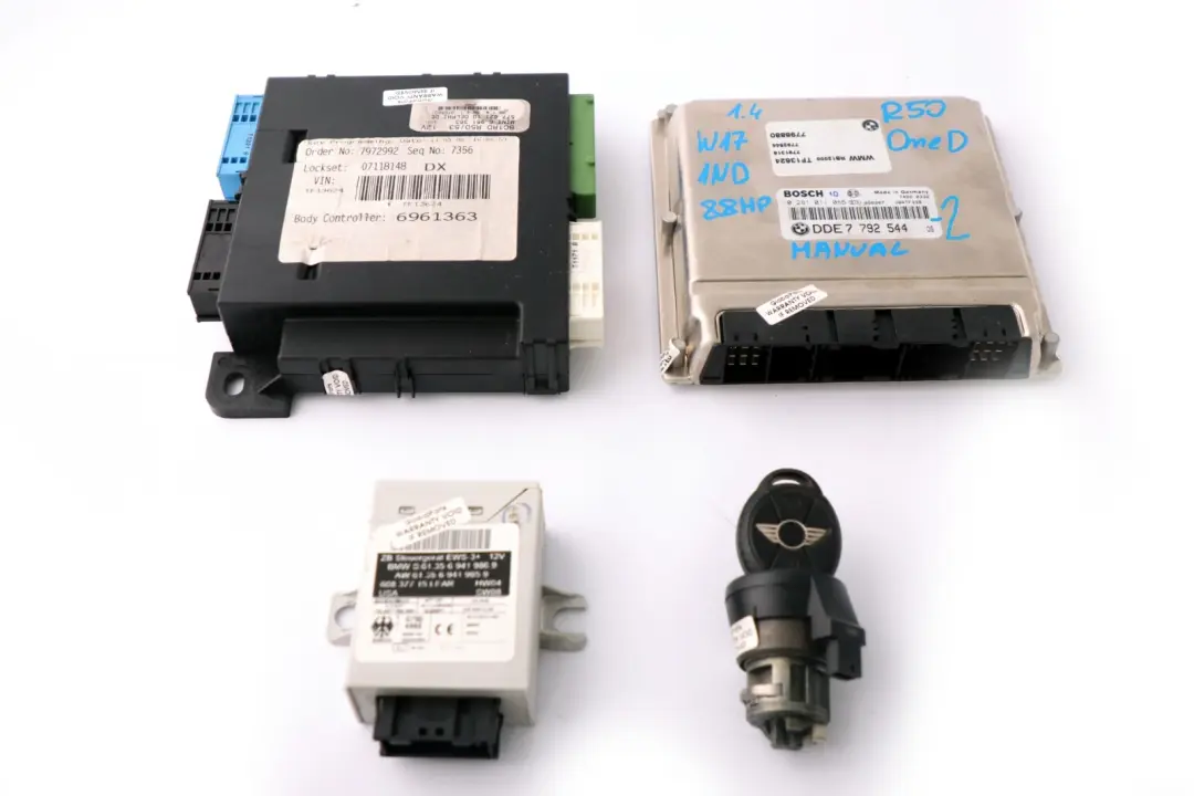 W17 1ND 88HP Engine ECU Kit DDE + EWS + Key + BCM Manual to BMW Mini One D with Part number 7792544 BMW Mini One D W17 1ND 88HP Engine ECU Kit DDE + EWS + Key + BCM Manual - SKU 7792544-2 - Part number 7792544