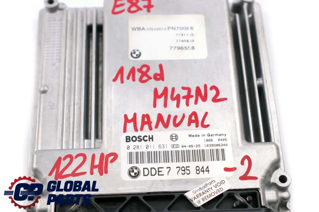 BMW E87 E90 E91 118d 318d M47N2 122HP Engine ECU Kit DDE CAS2 + Key - SKU 7795844-2 - Part number 7795844