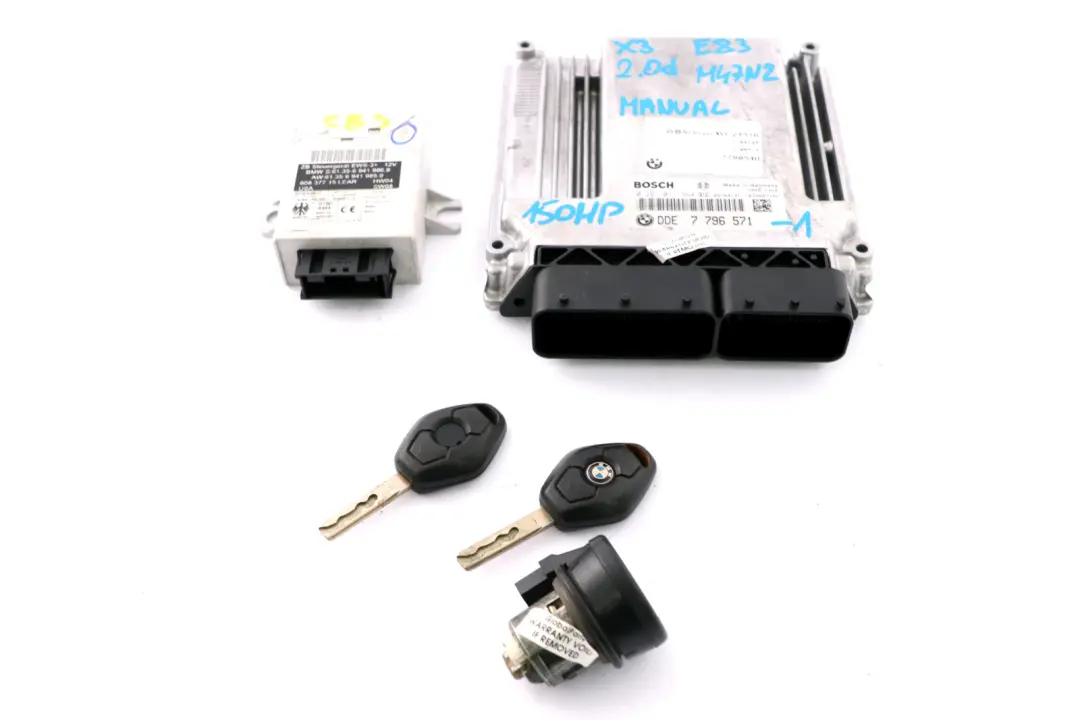150HP Engine ECU Kit DDE + EWS 3 + 2 Keys Manual to BMW X3 Series E83 2.0d with Part number 7796571 BMW X3 Series E83 2.0d 150HP Engine ECU Kit DDE + EWS 3 + 2 Keys Manual - SKU 7796571-1 - Part number 7796571