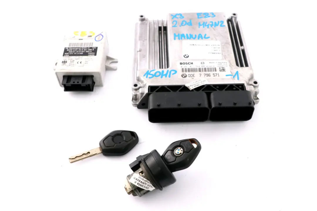 150HP Engine ECU Kit DDE + EWS 3 + 2 Keys Manual to BMW X3 Series E83 2.0d with Part number 7796571 BMW X3 Series E83 2.0d 150HP Engine ECU Kit DDE + EWS 3 + 2 Keys Manual - SKU 7796571-1 - Part number 7796571
