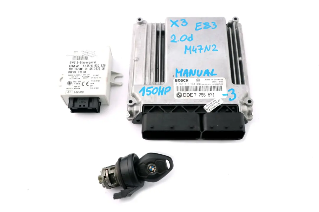 M47N2 150HP Engine ECU Kit DDE + EWS3 + Key to BMW X3 Series E83 2.0d with Part number 7796571 BMW X3 Series E83 2.0d M47N2 150HP Engine ECU Kit DDE + EWS3 + Key - SKU 7796571-3 - Part number 7796571