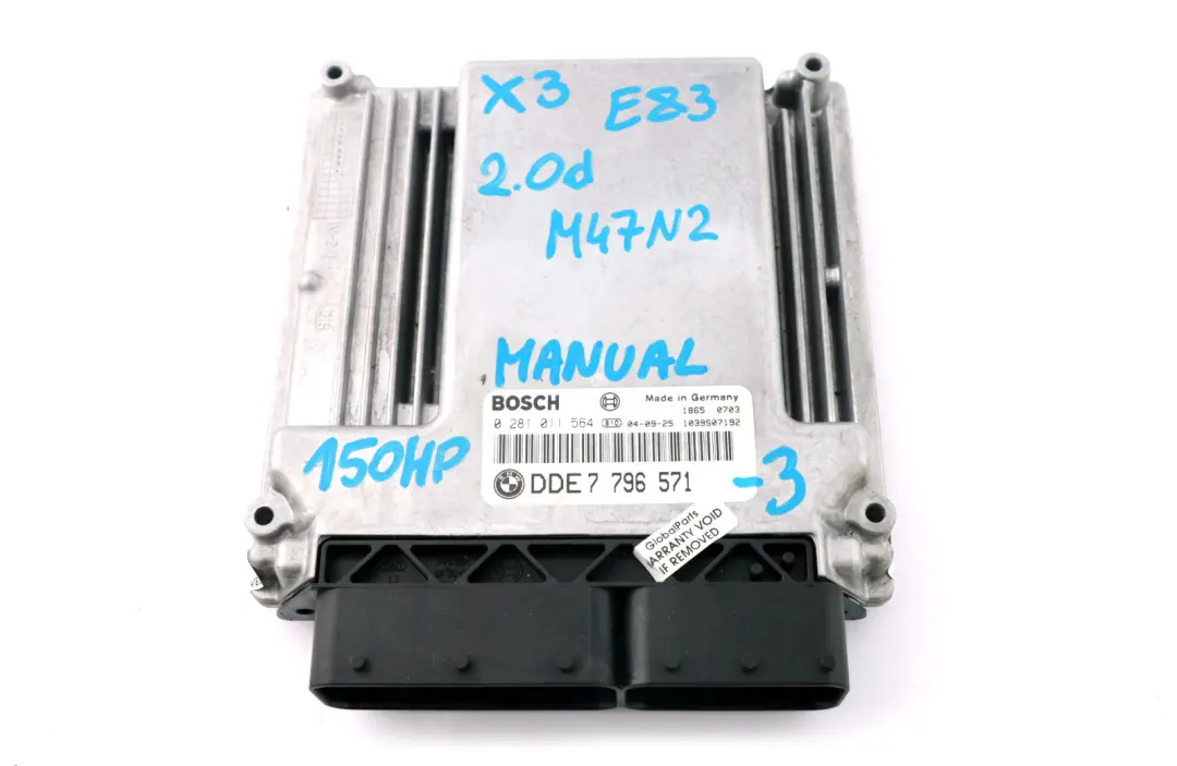 BMW X3 Series E83 2.0d M47N2 150HP Engine ECU Kit DDE + EWS3 + Key - SKU 7796571-3 - Part number 7796571