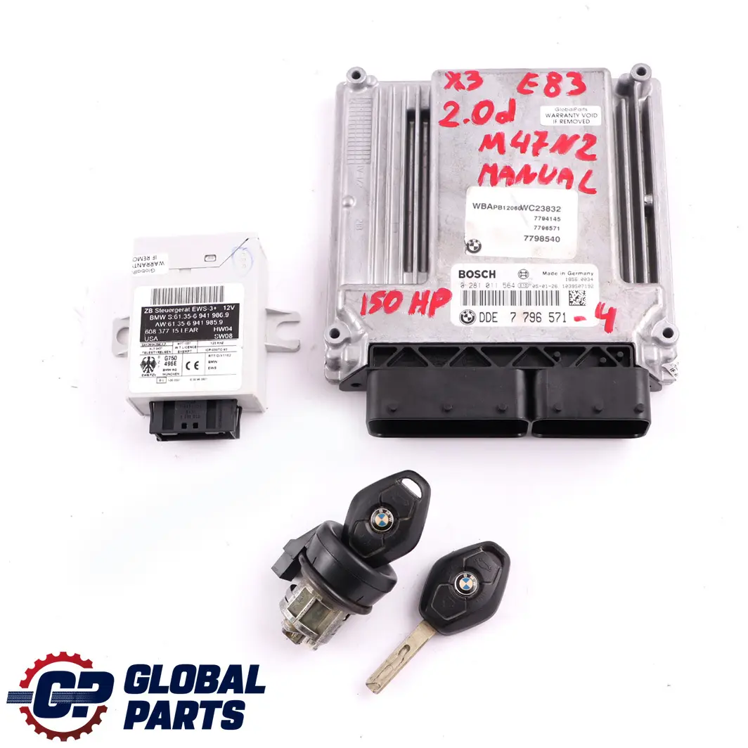 M47N2 150HP Engine ECU Kit DDE + EWS3 + 2 Keys Manual to BMW X3 E83 2.0d with Part number 7796571 BMW X3 E83 2.0d M47N2 150HP Engine ECU Kit DDE + EWS3 + 2 Keys Manual - SKU 7796571-4 - Part number 7796571