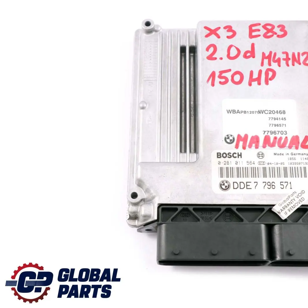 M47N2 Diesel ECU DDE Unità Controllo Motore Manuale per BMW X3 E83 2.0d con numero di parte 7796571 BMW X3 E83 2.0d M47N2 Diesel ECU DDE Unità Controllo Motore Manuale - SKU 7796571 - Numero di parte 7796571
