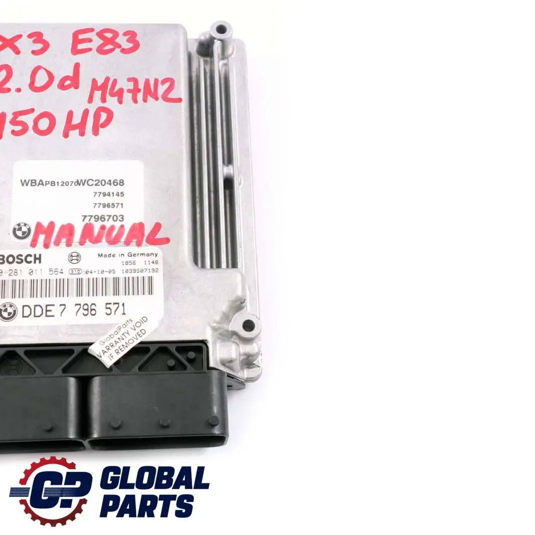 M47N2 Diesel ECU Unité Contrôle Moteur DDE Manuel pour BMW X3 E83 2.0d à propos du numéro de pièce 7796571 BMW X3 E83 2.0d M47N2 Diesel ECU Unité Contrôle Moteur DDE Manuel - SKU 7796571 - Numéro de pièce 7796571