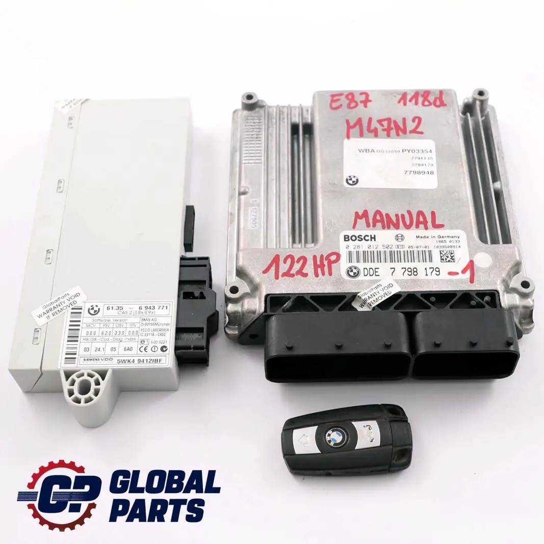 BMW E87 E90 E91 118d 318d M47N2 122HP Engine ECU KIT DDE CAS2 + Key - SKU 7798179-1 - Part number 7798179
