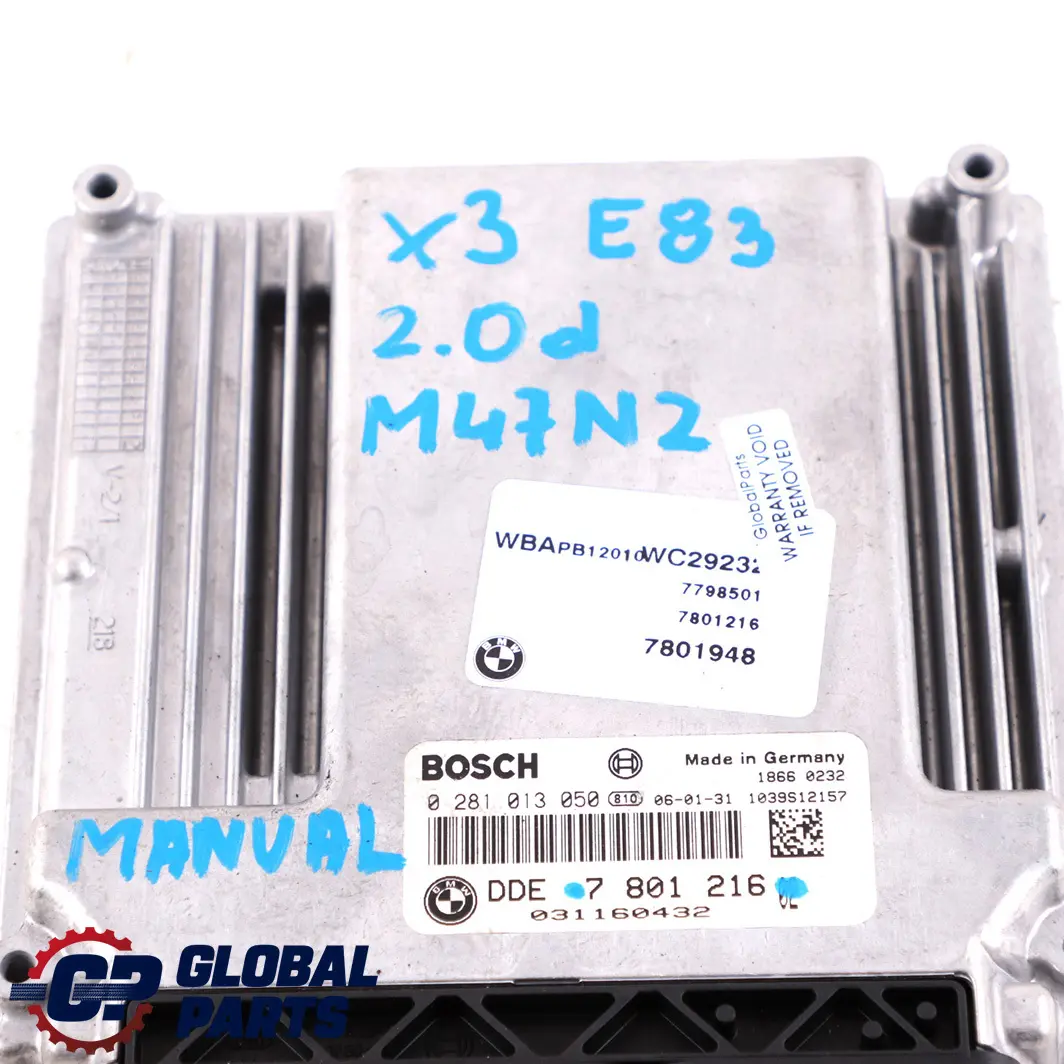 150HP M47N2 Diesel Engine Control Unit ECU DDE Manual to BMW X3 E83 2.0d with Part number 7801216 BMW X3 E83 2.0d 150HP M47N2 Diesel Engine Control Unit ECU DDE Manual - SKU 7801216 - Part number 7801216