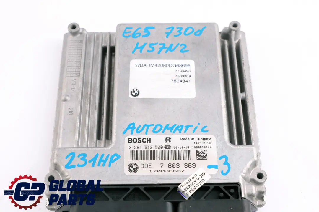 BMW 7 Series E65 E66 730d M57N2 231HP ECU Kit DDE + CAS + Key Automatic - SKU rhd-7803369-3 - Part number 7803369