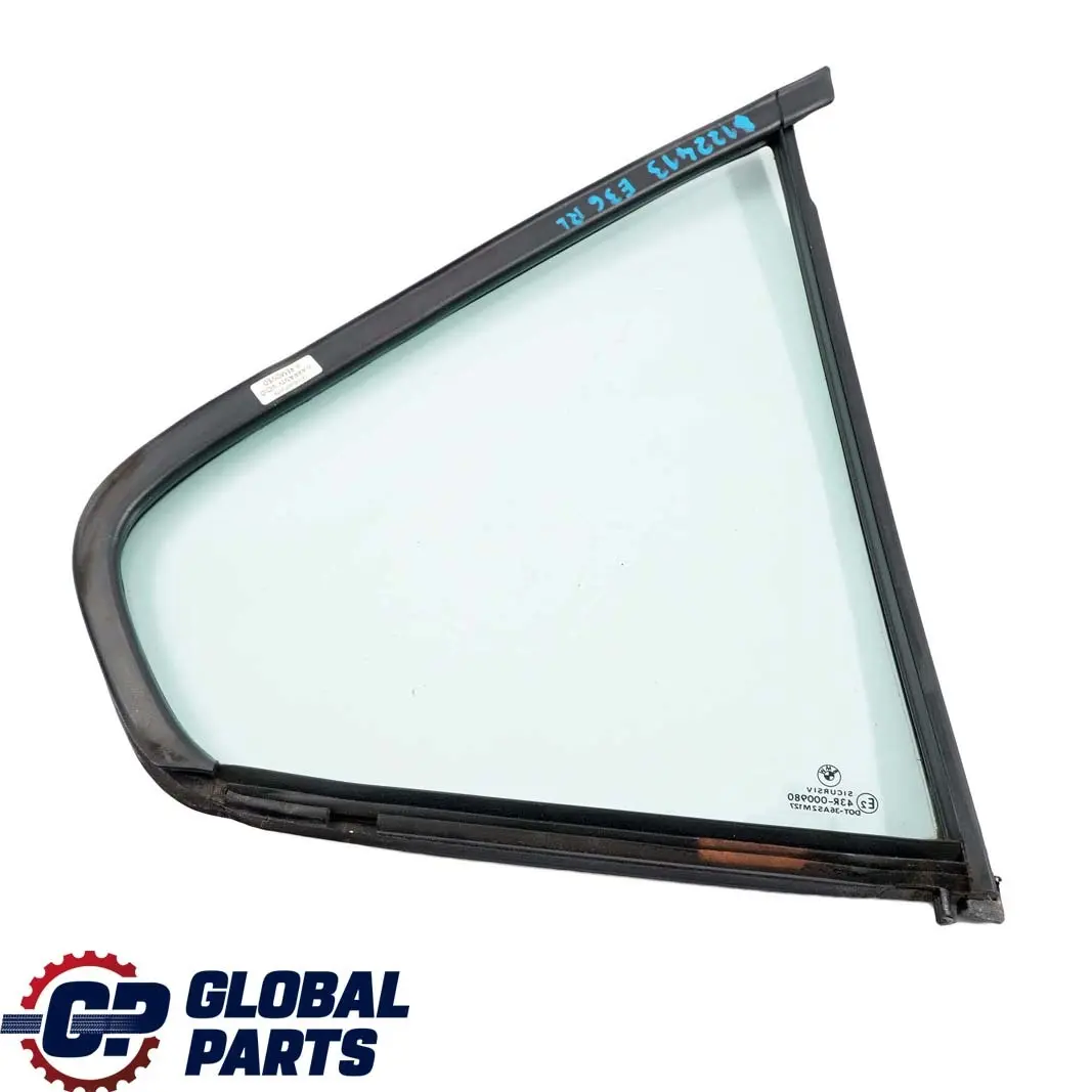 Left N/S Side Quarter Window Glass Green AS2 to BMW 3 Series E36 Saloon Rear with Part number 8122413 BMW 3 Series E36 Saloon Rear Left N/S Side Quarter Window Glass Green AS2 - SKU 8122413 - Part number 8122413