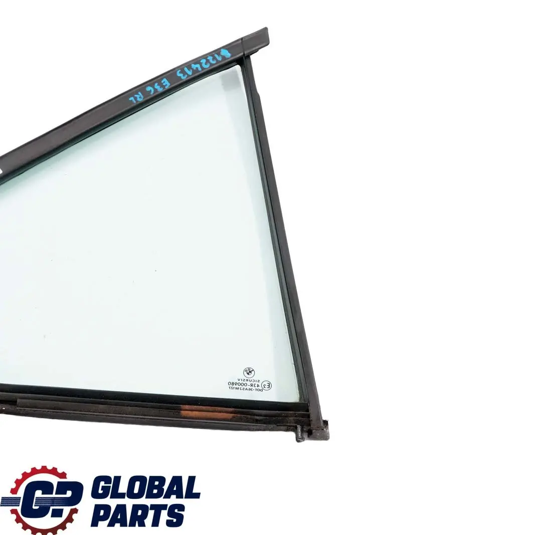 Left N/S Side Quarter Window Glass Green AS2 to BMW 3 Series E36 Saloon Rear with Part number 8122413 BMW 3 Series E36 Saloon Rear Left N/S Side Quarter Window Glass Green AS2 - SKU 8122413 - Part number 8122413