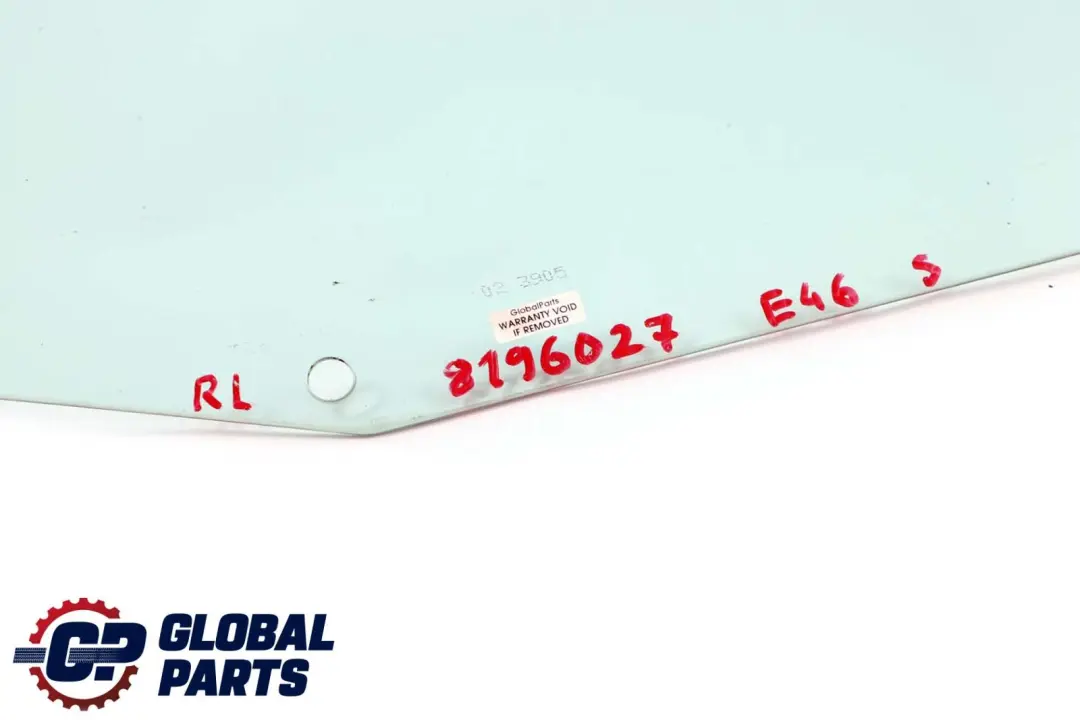 Puerta Trasera Izquierda Verde Ventana Lateral AS2 para BMW E46 con número de pieza 8196027 BMW E46 Puerta Trasera Izquierda Verde Ventana Lateral AS2 - SKU 8196027 - Número de pieza 8196027
