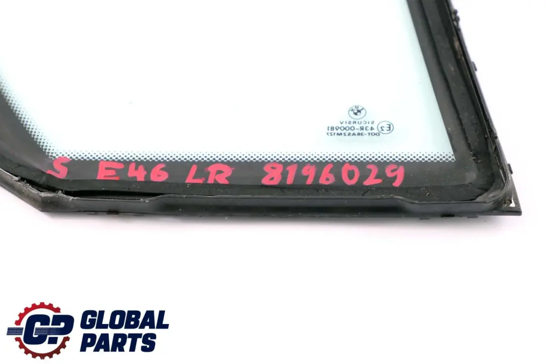 Side Fixed Window Glass Green Door Rear Left to BMW E46 Saloon with Part number 8196029 BMW E46 Saloon Side Fixed Window Glass Green Door Rear Left - SKU 8196029 - Part number 8196029