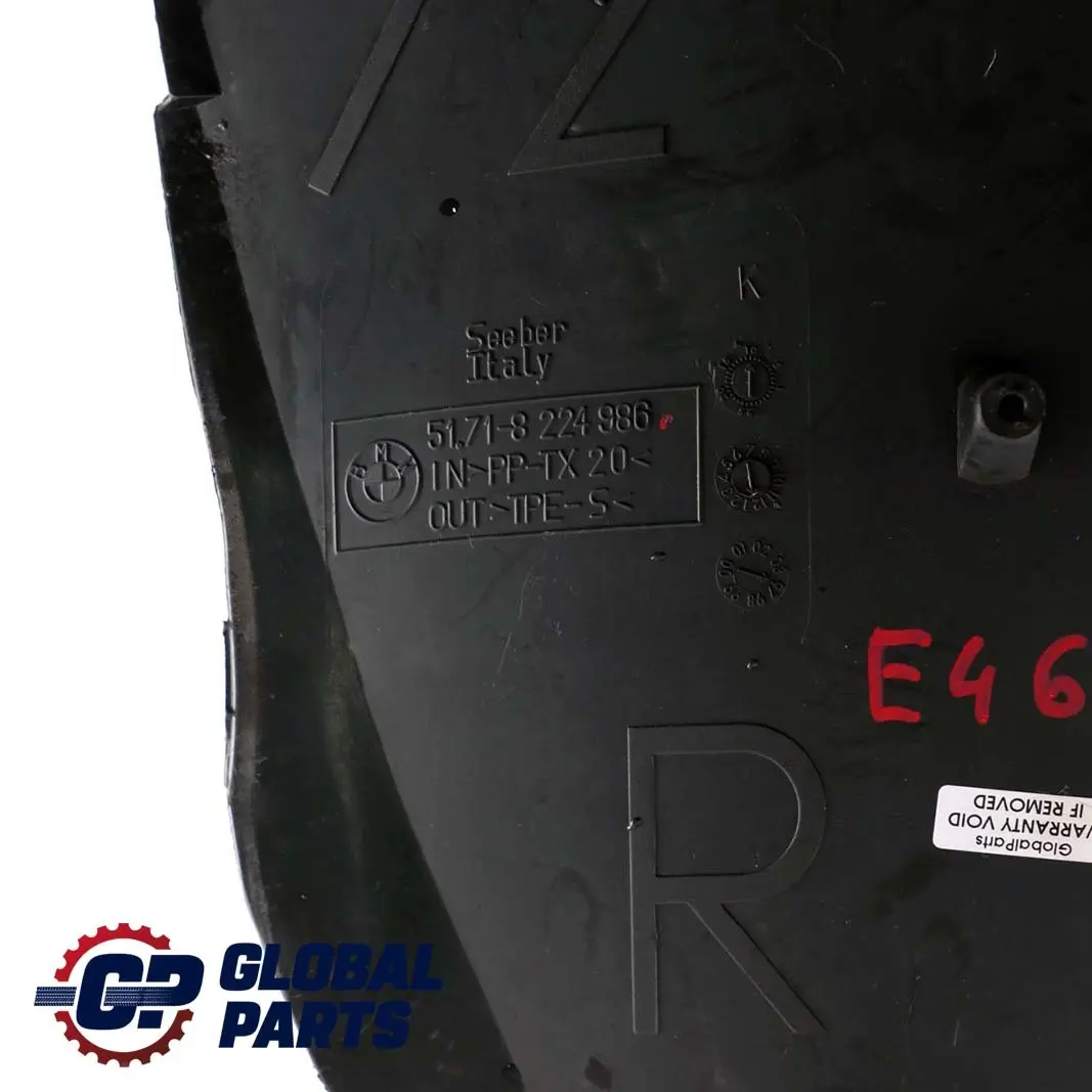Front Right O/S Wheel Arch Covering to BMW 3 Series E46 Coupe Cabrio with Part number 8224986 BMW 3 Series E46 Coupe Cabrio Front Right O/S Wheel Arch Covering - SKU 8224986 - Part number 8224986