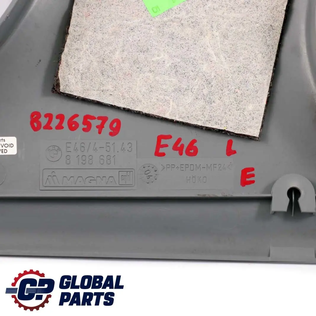 Cache pilier B-Colonne Bas Gauche Gris pour BMW E46 à propos du numéro de pièce 8198681 BMW E46 Cache pilier B-Colonne Bas Gauche Gris - SKU 8226579 - Numéro de pièce 8198681