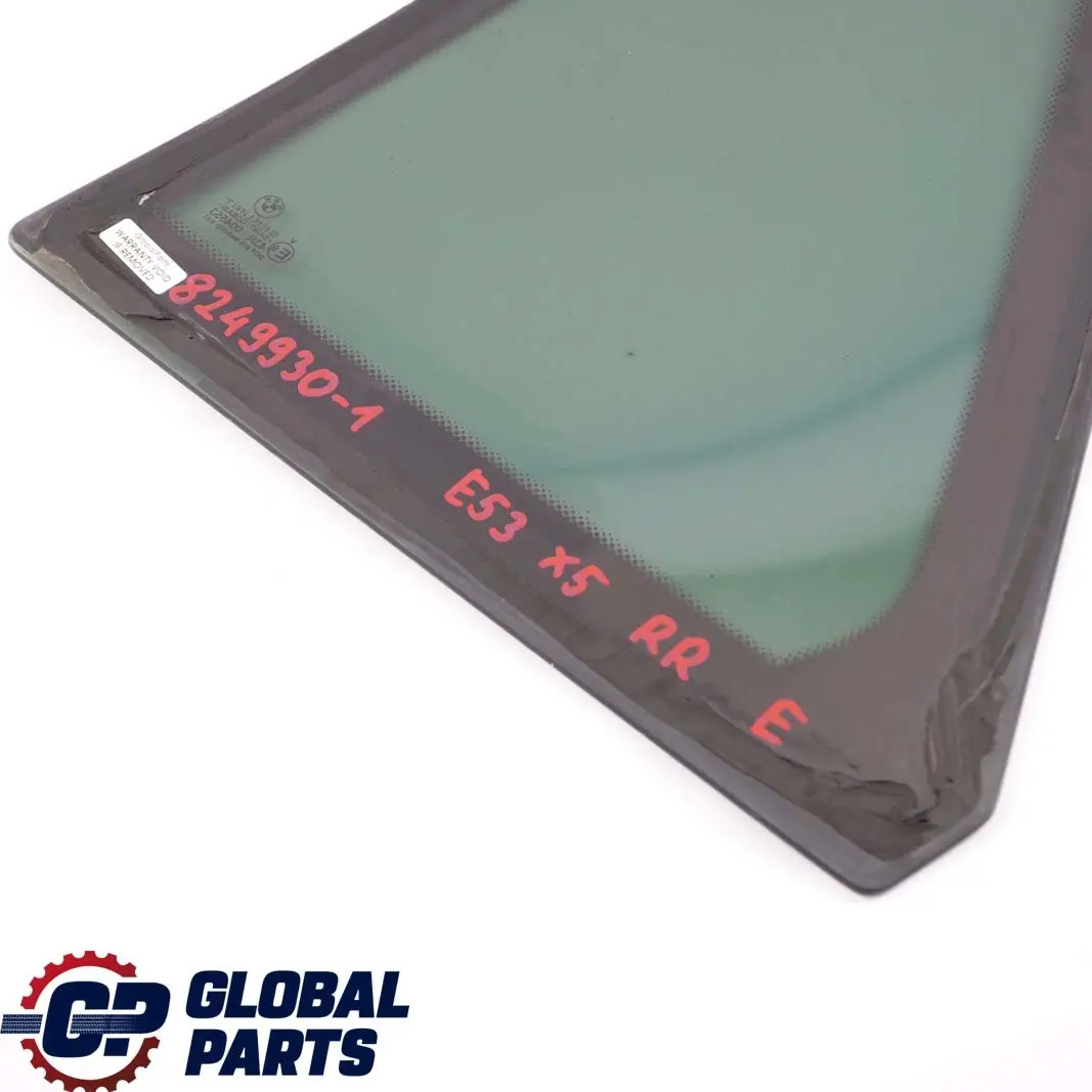 Right O/S Fixed Triangle Window Tinted Black AS3 to BMW X5 E53 Rear with Part number 8249930 BMW X5 E53 Rear Right O/S Fixed Triangle Window Tinted Black AS3 - SKU 8249930-1 - Part number 8249930
