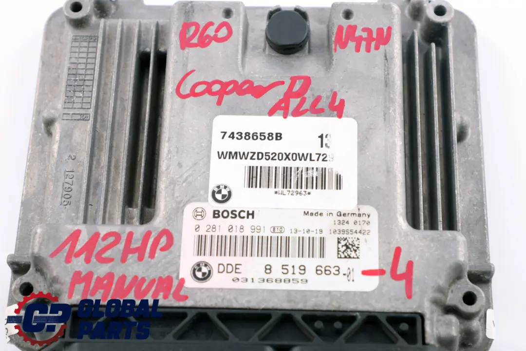 Mini Cooper D ALL4 R60 N47N 1.6 Diesel Motor ECU Kit DDE CAS3 + Llave - SKU 8519663-4 - Número de pieza 8519663
