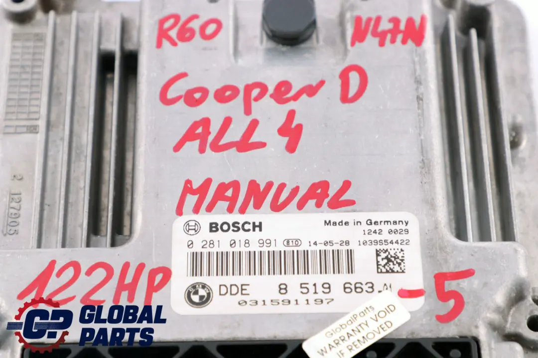 BMW Mini Cooper D ALL4 R60 N47N 1.6 Diesel Engine ECU Kit DDE CAS3 + Key - SKU 8519663-5 - Part number 8519663