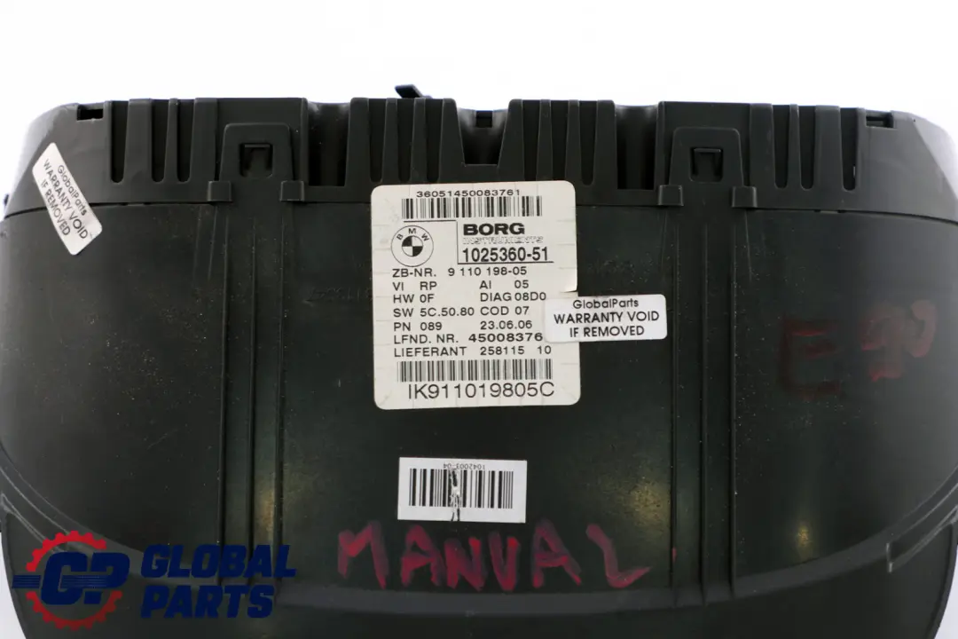 Instrument Cluster Speedo Clocks Manual to BMW 3 X1 Series E84 E90 Petrol with Part number 9110198 BMW 3 X1 Series E84 E90 Petrol Instrument Cluster Speedo Clocks Manual - SKU RHD-9110198-1 - Part number 9110198