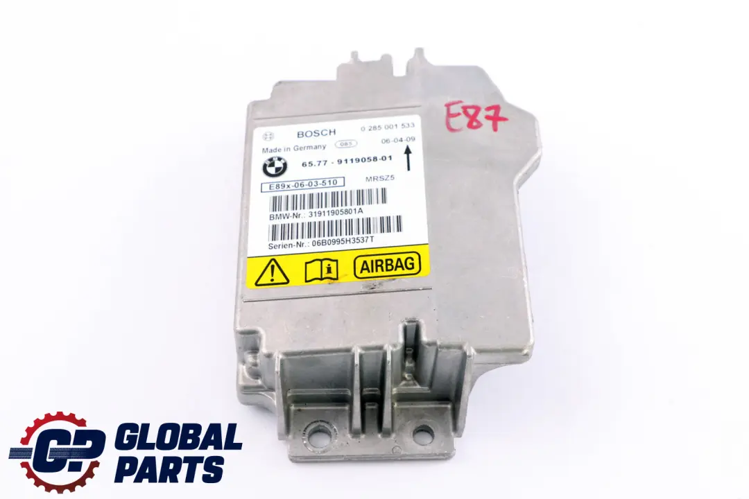 Airbag Control Unit ECU NO CRASH DATA BMW E81 E87 E90 E91 - SKU 9119058 - Part number 9119058